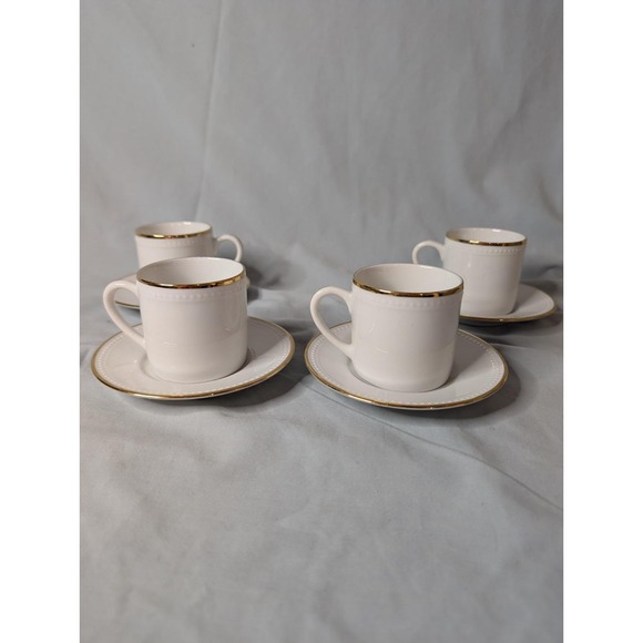 10 Strawberry Street 4 Pc Tea Cup And Saucer Set White And Gold - Picture 1 of 6